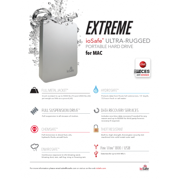 Image of 500GB Portable Hard Drive, ioSafe Rugged + 1 Year Data Recovery Service, Firewire 800
